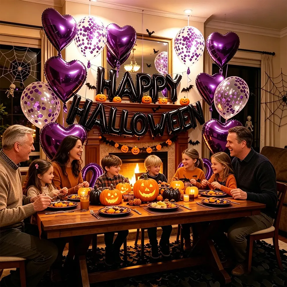 Halloween Trick-or-Treat Party Balloon Decor - Purple Black Foil & Confetti Balloons with Banner, All-in-One Kit for Kids & Adult Indoor/Outdoor Halloween Events