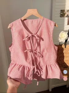 Women's Striped Sleeveless Bow Hem Blouse, Womenswear, Simple Daily Shirt, Casual Everyday Wear, Fitted Style, Summer Fashion Top