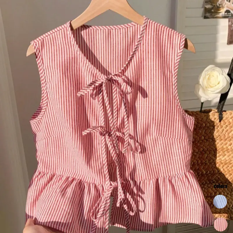 Women's Striped Sleeveless Design Bow Hem Bow Detailing Blouse, Womenswear, Simple Daily Shirt, Casual Everyday Wear, Cute Casual Top, Fitted Style, Summer Fashion Top, Casual Blouse Shirts, Blouses Shirts Tops