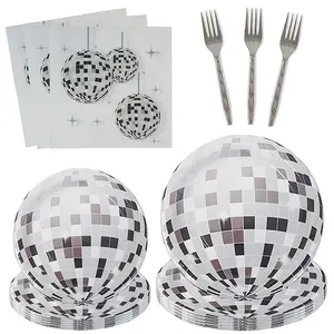 96pcs Disco Party Plates Disco Ball Theme Party Decorations Silver Cake Paper Plates And Napkins Hip Hop Disposable Dessert Tableware Set Baby Shower Birthday Supplies 24 Guests
