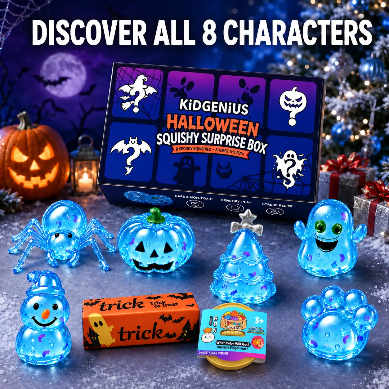 KIDGENIUS  Halloween 8-Pack Squishy Toys Stress Relief Fidget Toys with Slow Rebound Sensory Fun Unique Horror Styles Perfect for Halloween Party Gift Multiple Color Available