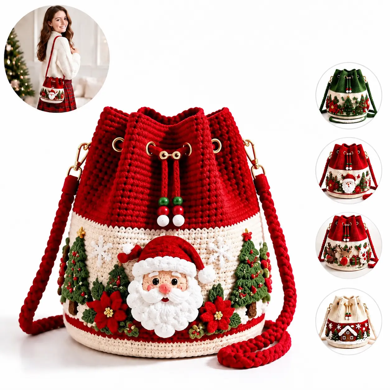 Christmas Crochet Bucket Bag Crossbody for Holiday Daily Matching Cute Santa Reindeer Tree House Designs Soft Handmade Knit Purse for Women Girls Festive Winter Outfit Accessory Lightweight Cozy Everyday Crossbody Tote for Christmas