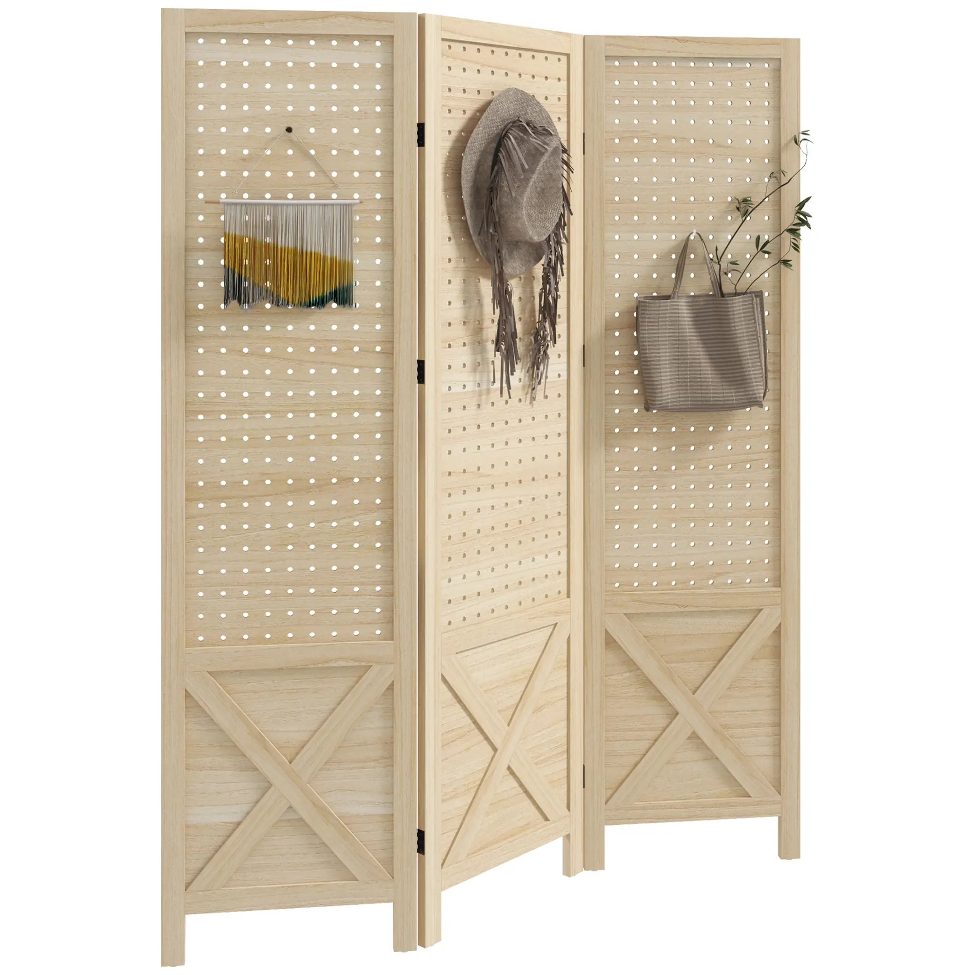 HOMCOM 4 Panel Pegboard Display Room Divider, 4.7' Tall Wood Indoor Portable Folding Privacy Screen, Partition Wall Divider for Home Office, Natural