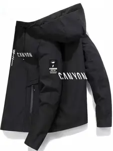 Men's Fashion Canyon Logo Print Hooded Zipper Windproof Cycling Jacket, Outdoor Sports Jacket with Pockets, Casual Style, Spring & Fall