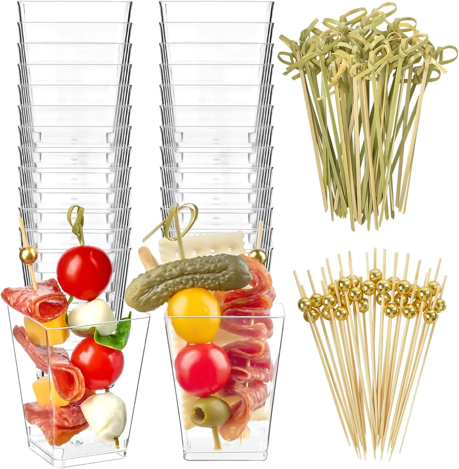 50pcs 5oz Clear Square Plastic Dessert Cups Set with 100pcs Cocktail Picks, Disposable Mini Charcuterie Cups, Reusable Square Parfait Appetizer Cups for Fruit, Mousse, Pudding, Party Charcuterie Boards