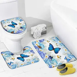 Blue Butterfly Flowers Bath Mat Set White Daisy Hydrangea Floral Rustic Scenery Bathroom Decor Non-Slip Rugs Toilet Lid Cover