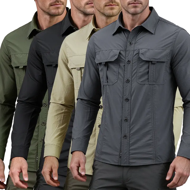 Men's Plain Long-Sleeves Tactical Workwear Shirt, Quick-Dry Fabric Menswear Top, Turn-Down Collar, Dual Chest & Multiple Pockets, Wrinkle-Resistant, Breathable for Outdoor Hiking & Fishing, XS-3XL Sizes, 4 Colors