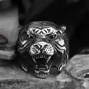 GTHIC Vintage Tiger Stainless Steel Animal Ring Punk Fashion Accessories for Daily Wear Luxury Jewelry
