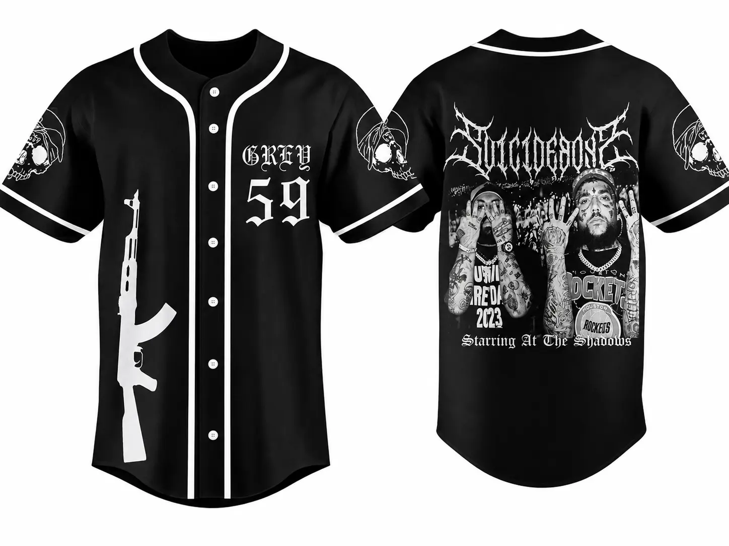 Suicideboys Grey 59 Baseball Jersey for Men & Women, Gothic Hip Hop Rap Graphic Button Down Shirt, Black and White Two Sided Concert Streetwear, Skull Print Music Fan Outfit, Gift for Rap Lovers, Boyfriend and Girlfriend, Trending 2026, Unisex Style