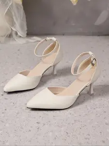 Women's Chunky Heeled Shoes, Pointed Toe High Heels, High Heel Pumps, Elastic Knit Design, No Stretch, Perfect for Work and Casual Wear