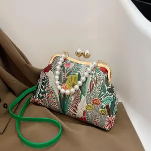 This Is a Purse. The Design of The Bag Showcases a Botanical And Floral Motif Brimming with Natural Beauty, And It Comes with a Removable Shoulder Strap And a Handle Made of Imitation Pearls