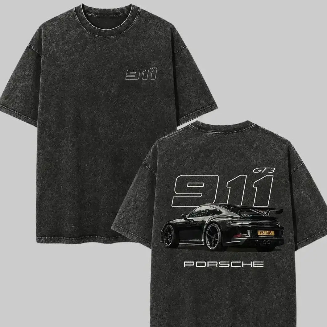 Retro Racing Car Tshirt Unisex Fit Washed Cotton T-Shirt Oversize Menswear Tops Streetwear Round Neck shirt, Heavyweight Vintage Washed Grey 911 GT3 Graphic T-Shirt,Retro German Supercar Track Day Streetwear Tee