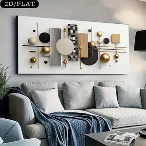 1-pc2DFlat Large Modern Abstract Wall Art - Beige, Black, Gray, Gold, and White Neutral Tones Suitable for Modern Style Wooden Frame Canvas Panel - Large Horizontal Lines Suitable for Living Room, Bedroom, Corridor - Minimalist Decorative Line Art