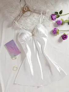 Elegant Satin Smooth Sleeveless Nightdress with Butterfly Lace Back, Padded Bust, Adjustable Straps, Rose Design, Romantic Sleepwear, Mother's Day Gift, Loungewear