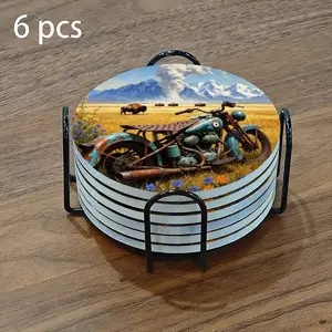 6-piece ceramic coaster set, featuring a retro motorcycle design against a backdrop of yellow grasslands and snow-capped mountains. Heat-resistant, non-slip coasters with holders; perfect for home and dining table decoration.