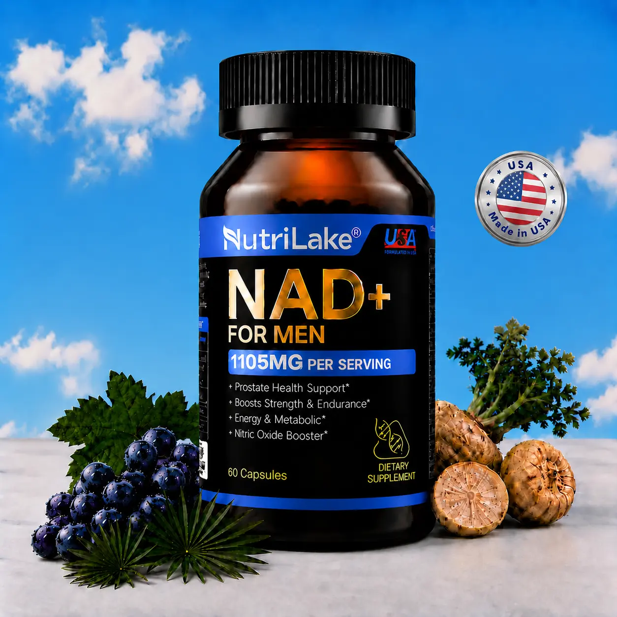NutriLake NAD+ Supplements for Men-Liposomal,Energy Support,Wrinkle Defense,Complex with Trans-Resveratrol,Vitamin B6,CoQ10,Ashwagandha,Niacin,Supports Cellular Renewal, Energy & Performance - 60 Capsules Dietary Supplement Vitamins, Dairy Free, Antioxida