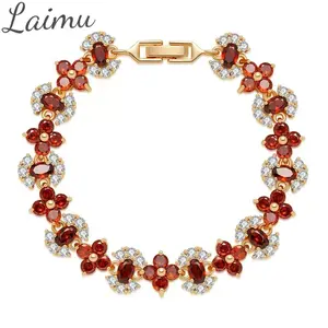 Vintage Red Gem Flower Bracelet, Luxury Gold-Plated Diamond Jewelry