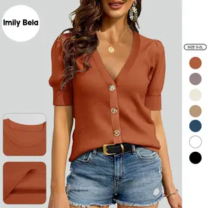 Imily Bela Womens Puff Short Sleeve Sweaters Pullover Shirt Tops V Neck Lightweight Knit Sweater Blouses