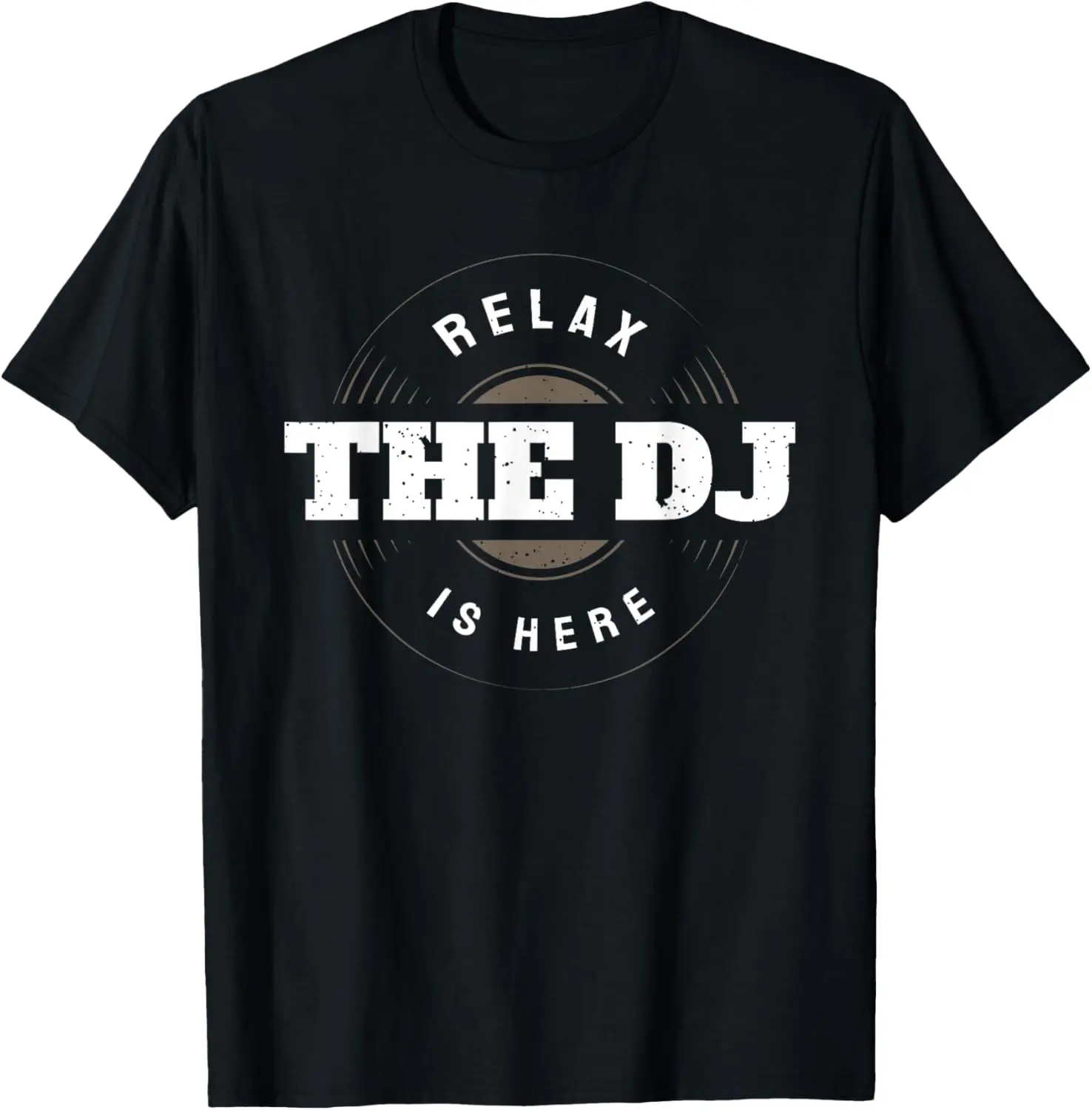 Women's 100% Cotton Distressed Round Neck Short-Sleeve Cute Loose-Fitting Casual Graphic T-Shirt - "The DJ Is Here" Music-Themed Vintage Streetwear Tops (Black-E284664)