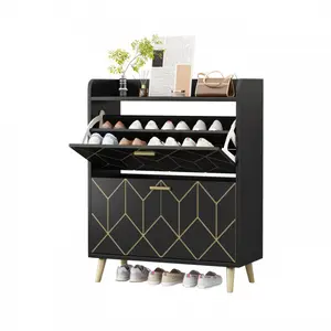 Shoe Cabinet Storage with 2 Flip Drawers, Narrow Organizer with Legs, Freestanding Shoe Rack for Entryway Living Room, White Decorative Black