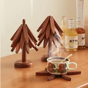 Natural Tree Trivet Set – Christmas Tree Design! 4 Wooden Trivets & 1 Stand, Heat-Resistant Foldable Decor, Durable Solid Wood – Perfect for Hot Dishes, Pots, Bowls, Coffee Mugs & Teapots, Christmas Kitchen Essentials