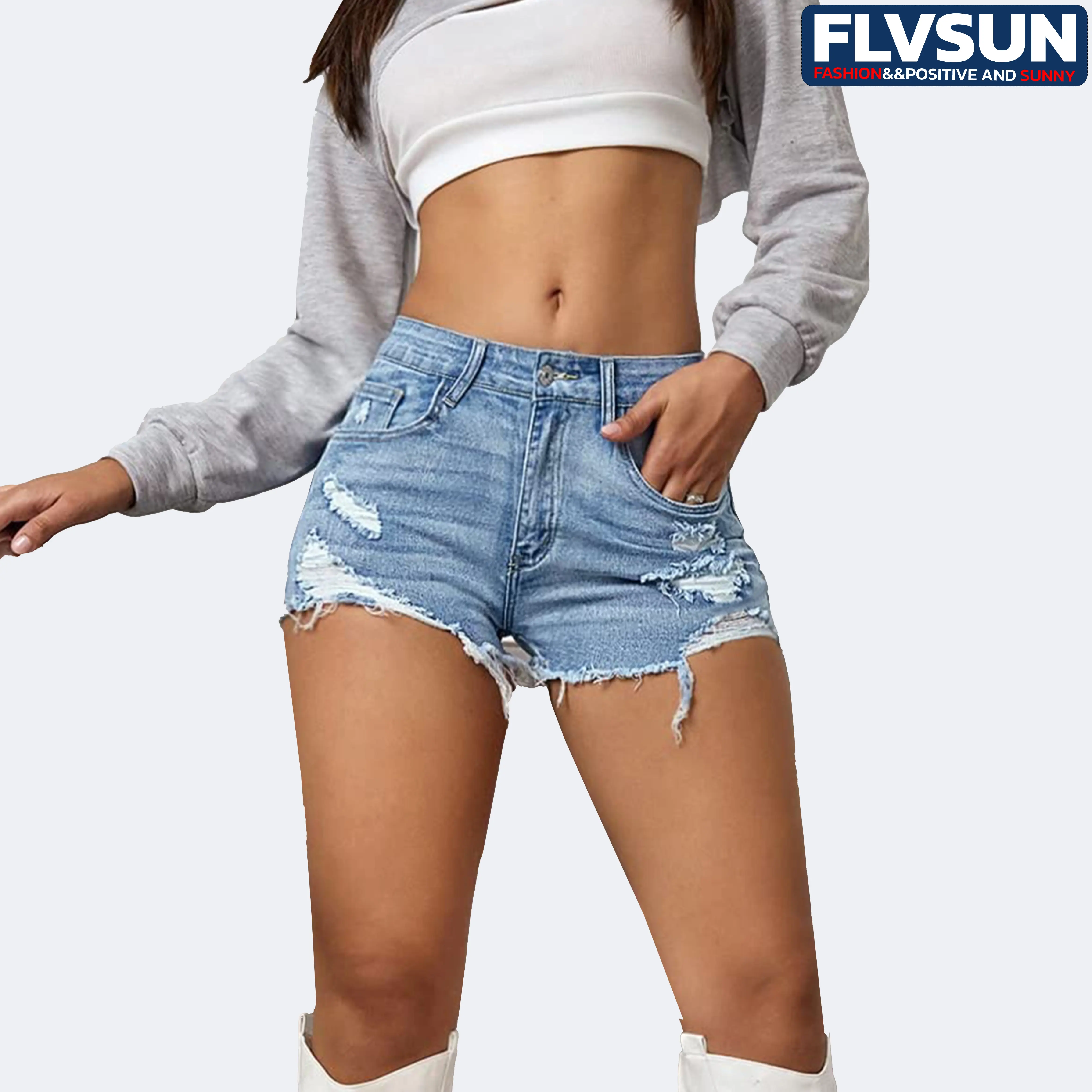 Flvsun Women's High-Waist Ripped Shorts, Cute College Girl Clothes with Raw Hem, Stretchy Casual Bottom with 5 Pockets for Easter Thanksgiving, Women's Clothes, Fitted, Jean Shorts, Preppy, Skinny Jean
