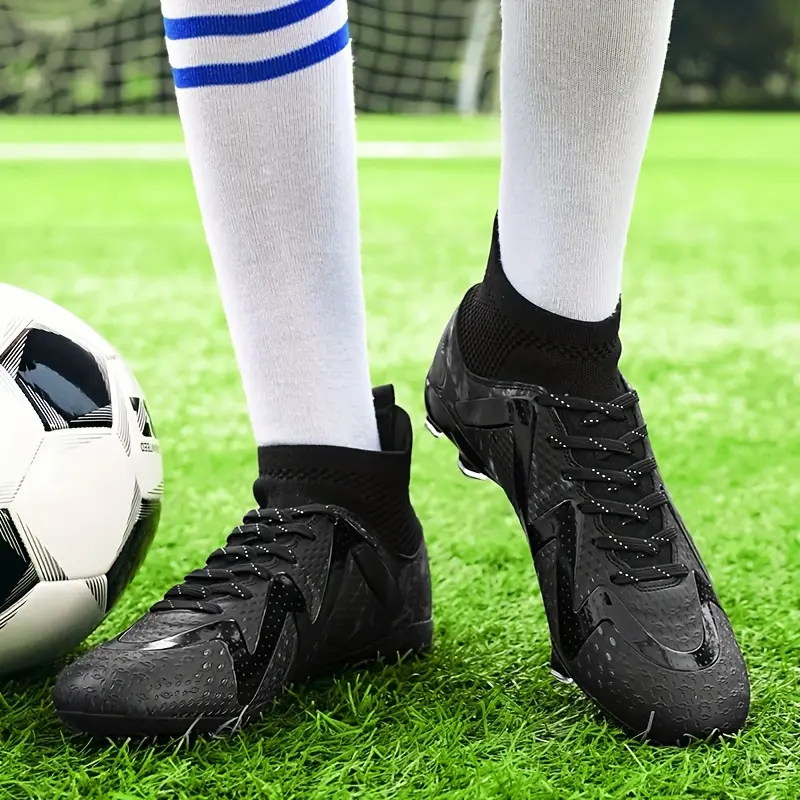 Women's Female High-Top Laced Soccer Cleats - Breathable, Non-Slip, Lightweight Synthetic TPU Professional Football Boots for Outdoor Training, Competition, Black with White Markings, Laces
