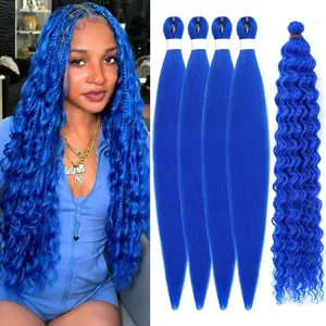 Boho Braiding Hair Pre Stretched - Deep Wave Curly Prestretched Braiding Hair Extensions for Boho Braids(Blue)
