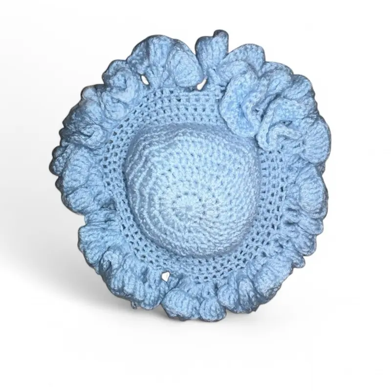 Baby Blue Large Fluffy Ruffles on Bucket Hat - Blue Crocheted Design