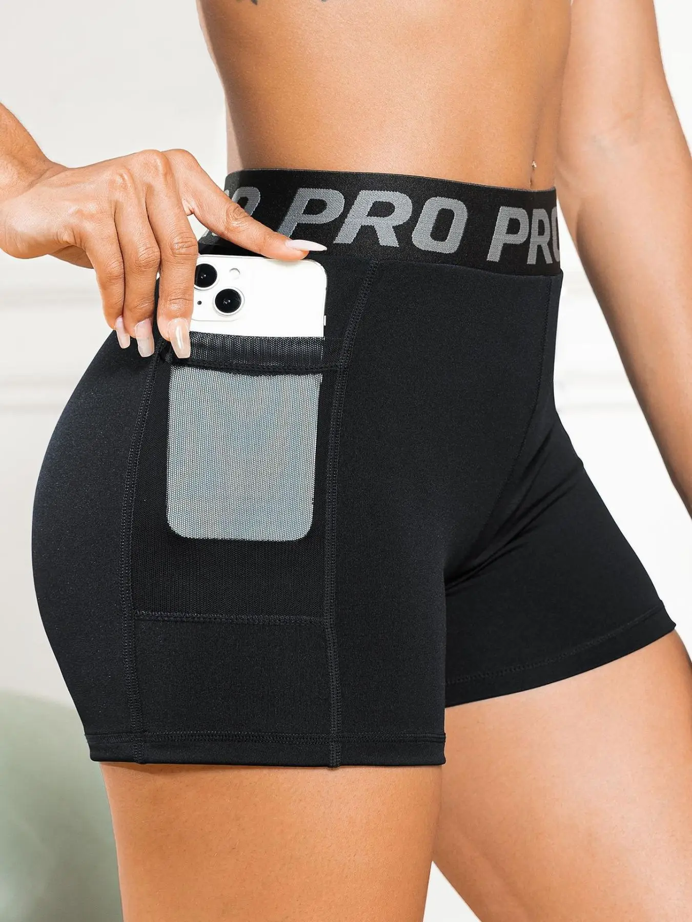 Women's Letter Tape Pocket High Waist Sports Gym Shorts, Comfy Breathable Stretchy Skinny Shorts for Yoga Workout Running, Ladies Summer Sportswear, G