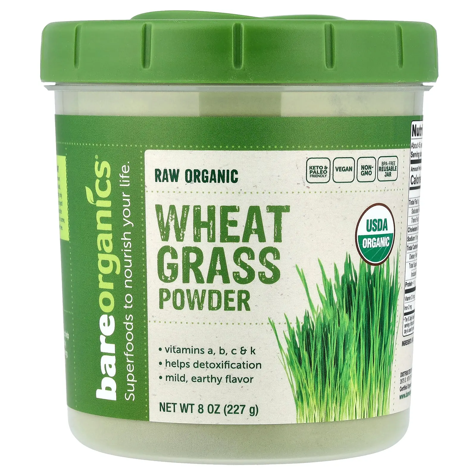 BareOrganics Raw Organic Wheatgrass Powder, 8 oz (227 g)
