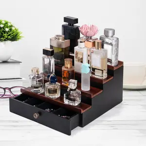 Wooden Cologne Organizer for Men, 4 Tier Cologne Display Shelf with Drawer, Perfume Holder for, Large Capacity Perfume Stand Organizer for Dresser, Brown