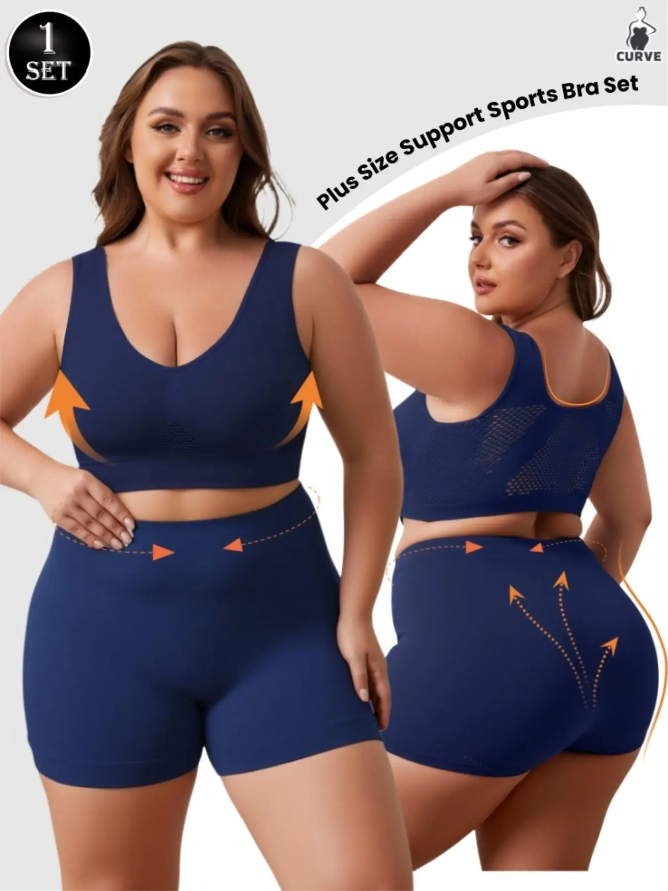 PLUS SIZE Women's Yoga Fitness Set, Seamless High Stretch, Back Cut-Out Breathable Design, Dual Layer Bra + Full Coverage Shorts, All Seasons Wear, Sports Bra Shorts, Yoga Workout Activewear, Workout Sets Women, Breathable Gym Wear, Activewear Clothing