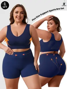 PLUS SIZE Women's Yoga Fitness Set, Seamless High Stretch, Back Cut-Out Breathable Design, Dual Layer Bra + Full Coverage Shorts, All Seasons Wear, Sports Bra Shorts