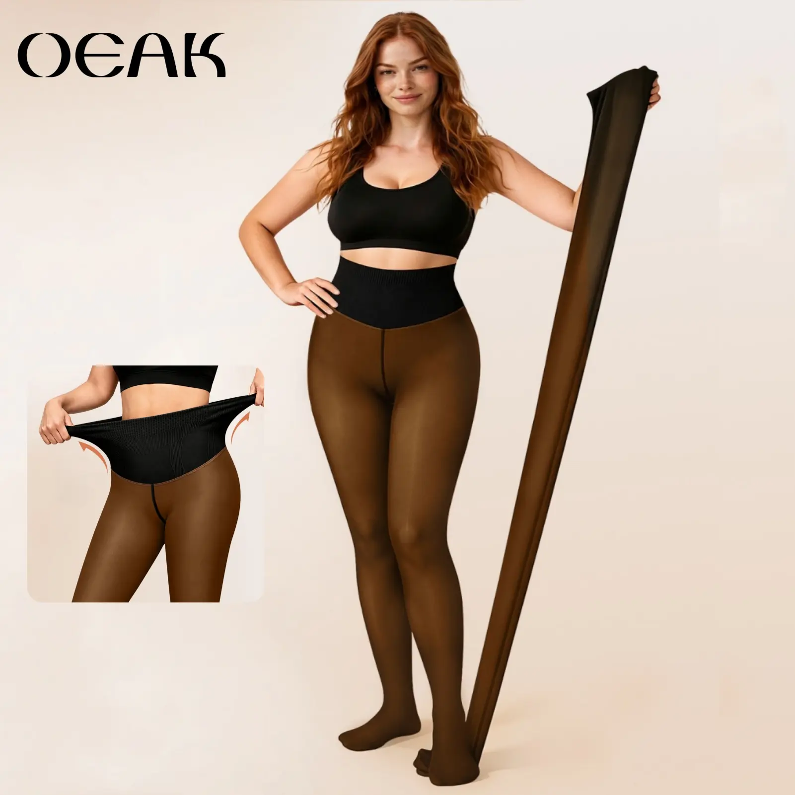 OEAK Fleece Lined Tights for Women, High-Waist Butt-Lift Body Slimming Compression Tights with Tummy-Control Waistband