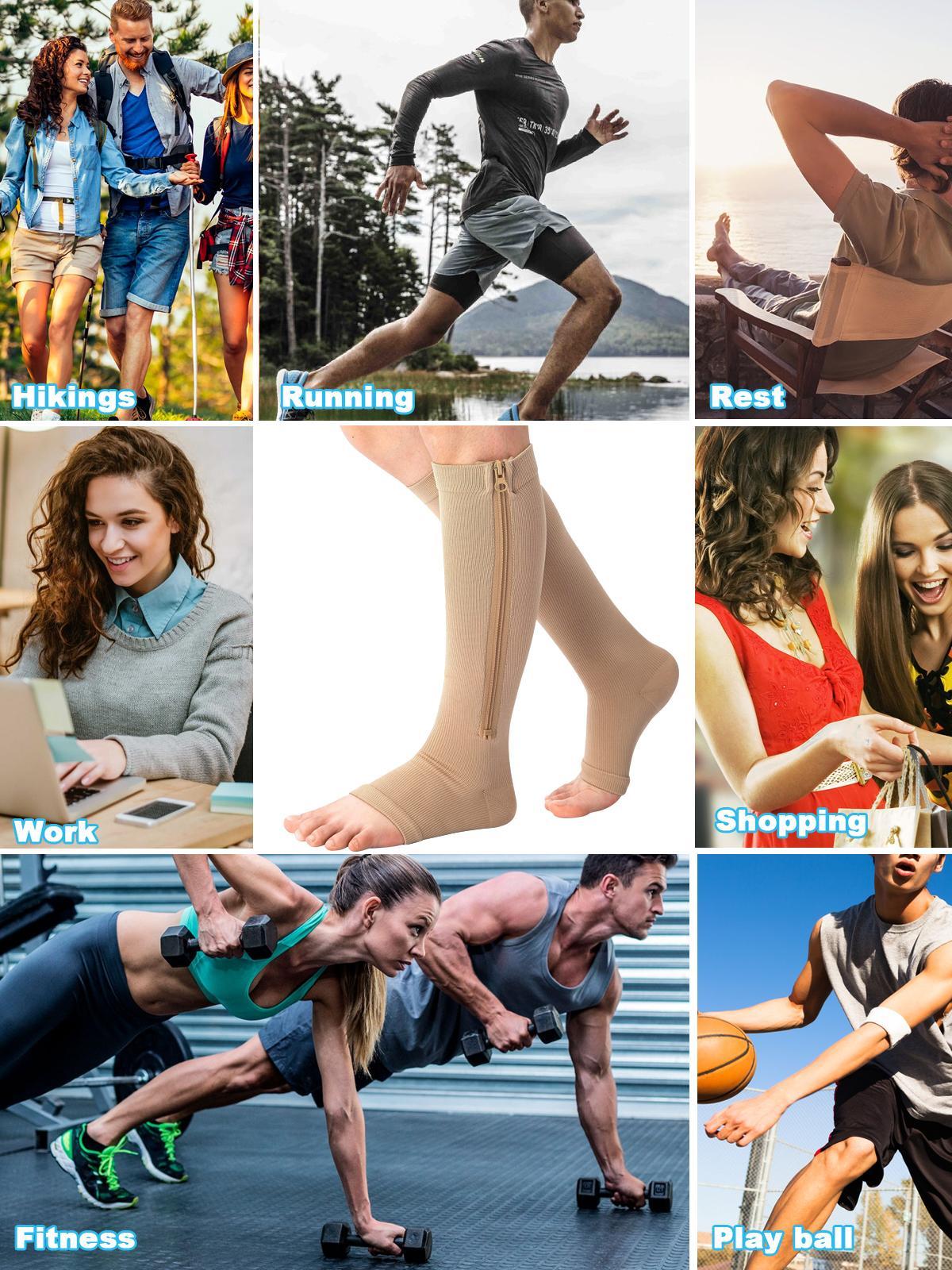 3 Pairs Zipper Compression Socks, Breathable Compression Socks, Open Toe Knee-High Compression Sports Socks for Running,Gym,Women's Socks,Ideal for Mother's Day Gifts