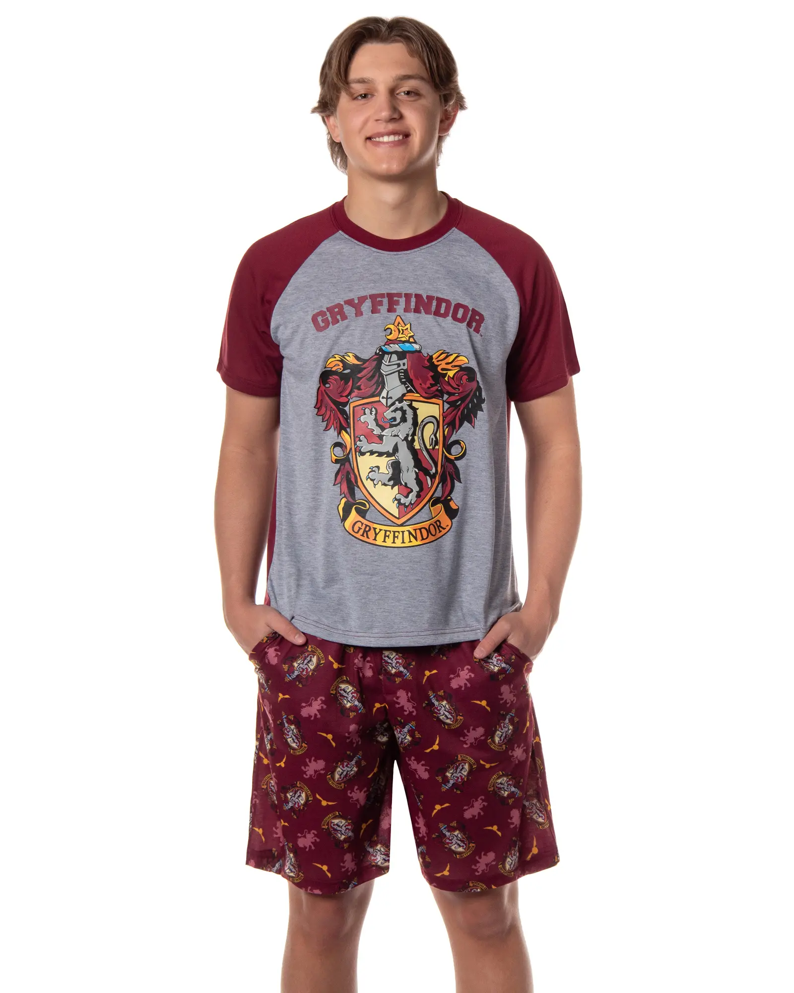 Harry Potter Hogwarts Castle Men's House Crest 2 Piece Raglan Pajama Short Set - Gryffindor Slytherin Ravenclaw Hufflepuff