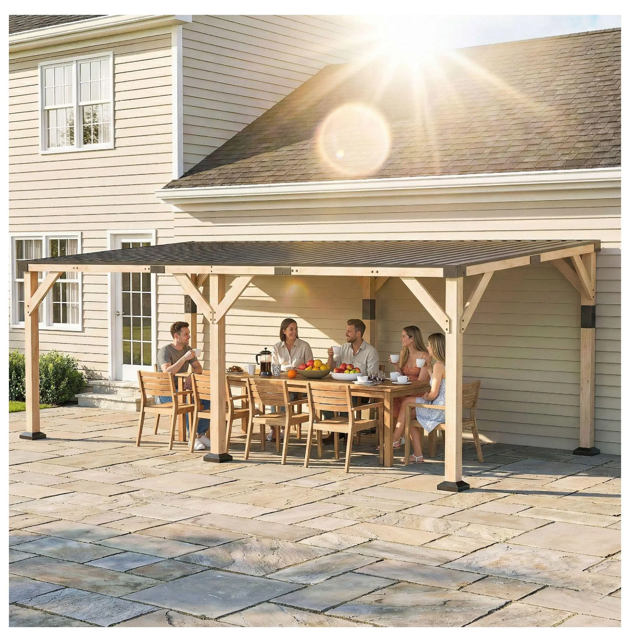 10x20 Wooden Gazebo, Lean-to Pergola with Steel Roof, Light Walnut Default Title
