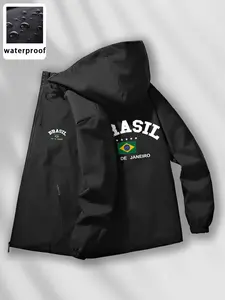 Brazil Flag Theme Hooded Jacket Men, Outdoor Jacket, Windproof Waterproof Lightweight Coat, Brazil Letter Print High Street Cool, Fall Winter Casual Sportswear