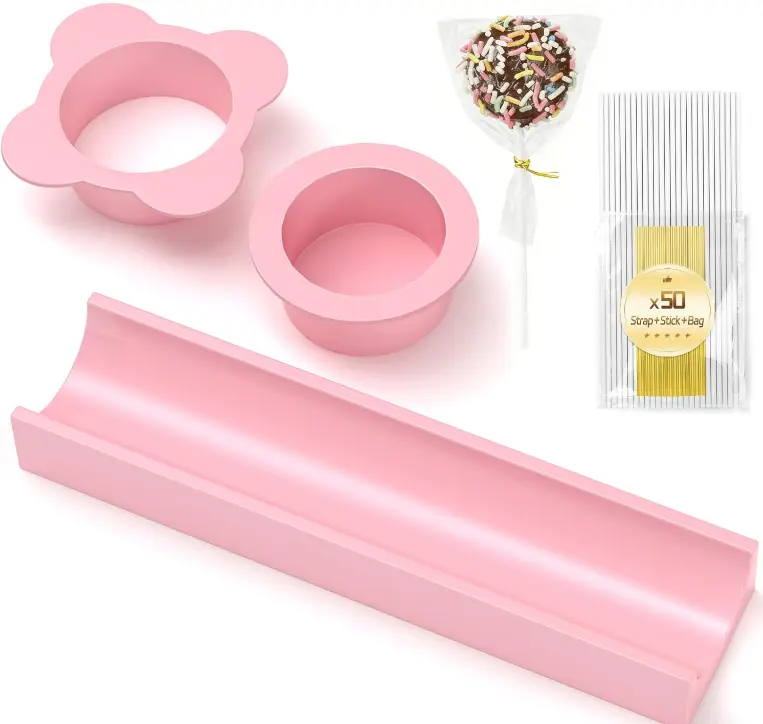 Round Cake Pop Mold Set with 50PCS Sticks Bags Ties,1.75 Inch Cake Pop Cutter and Pusher,Dishwasher Safe Baking Molds for Birthday Wedding Kids Party Desserts-Pink