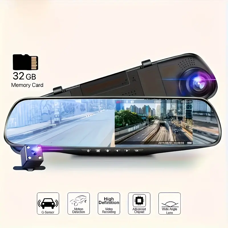 Dual-Lens Car Dash Cam with 1080P HD Video, 720P HD Rearview Mirror, 32GB Memory Card, Night Vision, Parking Monitoring, Wide-Angle View, Rechargeable Battery, Surface Mount for Cars, Trucks, SUVs, Vehicle Security Camera, Sleek Gadget Design, Highquality