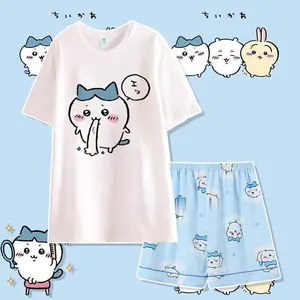 Anime Usag Hachiware Summer thin pajamas round neck Loose long-sleeved shirt and pants Cute cartoon pattern household clothes