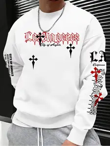 Men's Spring Fall Winter Floral Letter Print Round Neck Long Sleeve Fitted Sweatshirt, La California Cross Design, Gothic Style, Casual Fashion, Tops
