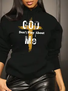 Women's Front Slogan Letter Print Fitted Casual Hooded Sweatshirt "GOD DON'T PLAY ABOUT ME", Long Sleeve Tops Graduation, Back To School Outfits, Teacher Outfits For Women, Fall Pullover Sweatshirt Gear
