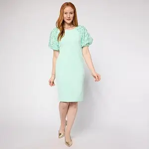 Nina Leonard 3D Floral Mesh Bubble Sleeve Sheath Dress