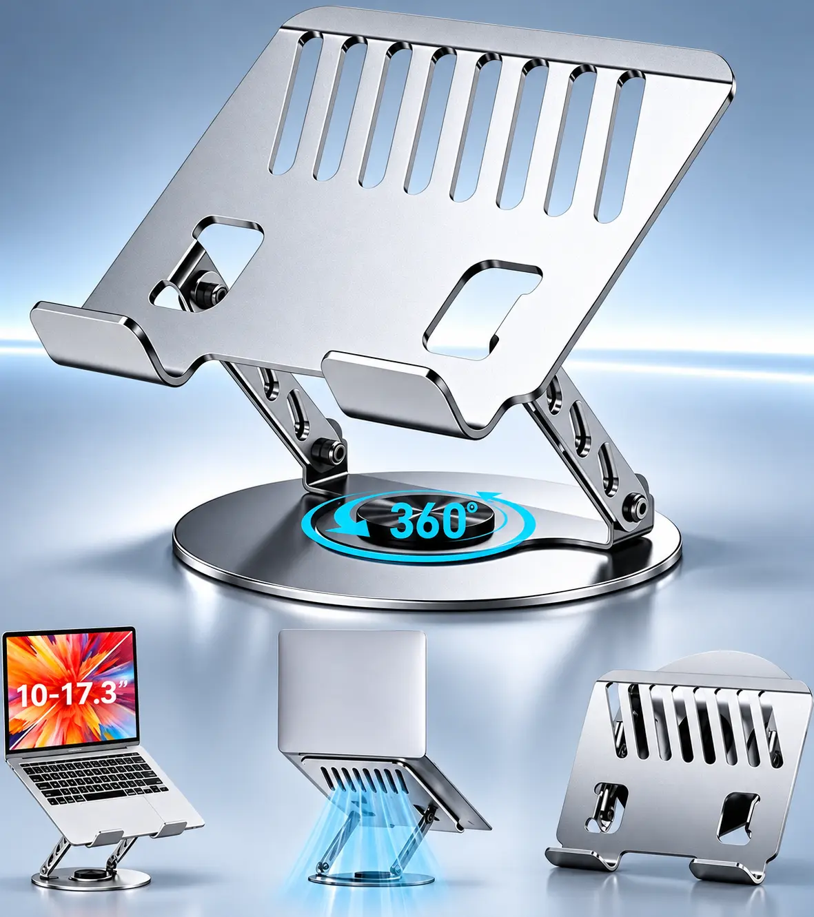 360° Rotating Laptop Stand, Adjustable Height & Angle Laptop Riser, Foldable Carbon Steel Computer Stand with Ventilated Design, Ergonomic Desktop Holder for 10-17.3 Inch Laptops, Home Office Desk Accessories