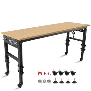 Adjustable Workbench, Rolling Heavy-Duty Worktable with Power Outlet and Wheels, Large Load Capacity Rubber Wood Top Workbench for Garage, Office, Workshop, Home, Easy Assembly