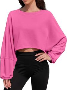 women's solid batwing sleeve crop sports tee, sporty long sleeve round neck cropped top for spring & fall, ladies sportswear for daily wear, solid color sportswear