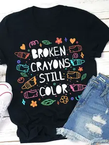 Women' Broken Crayons Still Color Mental Health Teacher T-Shirt - Mental Health Awareness Gift Suitable for Teacher Appreciation, Casual Crew Neck Tee with Broken Crayon, Comfortable Fit for Events & Daily Wear