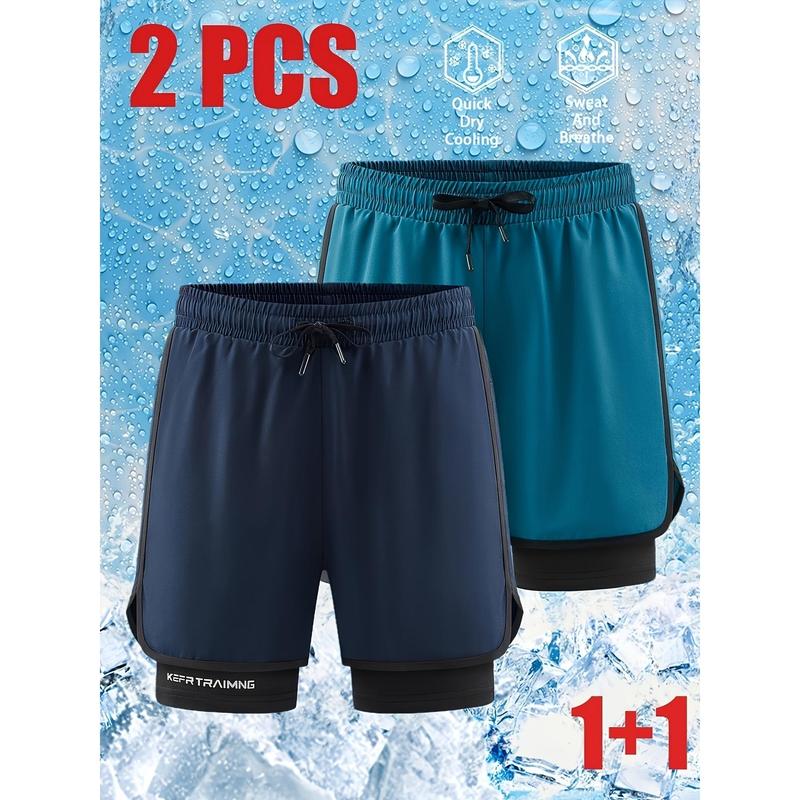 Men's 2-Pack Regular Fit Nylon 2-in-1 Running Shorts (Black+Lake Blue), Quick-Dry Breathable Active Fabric, Side Pockets, Elastic Waist, Cold Wash Machine Washable for Gym Training, Running